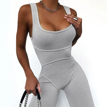 2020 קיץ נשים סקסי סרבל Streetwear סקיני Bodycon שרוולים ספורט מוצק סרוג Jumsuits Romper Playsuit לנשים