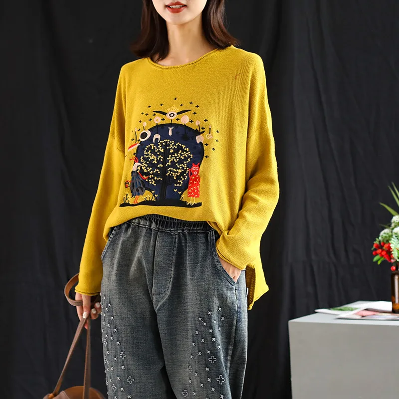 

Women Blouse Long Tee Sleeve Shirt Femme Spring Cartoon Printed Tops Autumn Vintage Plus Size Knitted Pullover Sweaters 2019