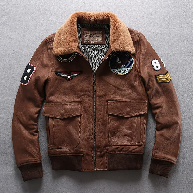 A-1736 Read Description! Asian size Wool collar genuine cow leather coat mans cowhide air force leather biker jacket