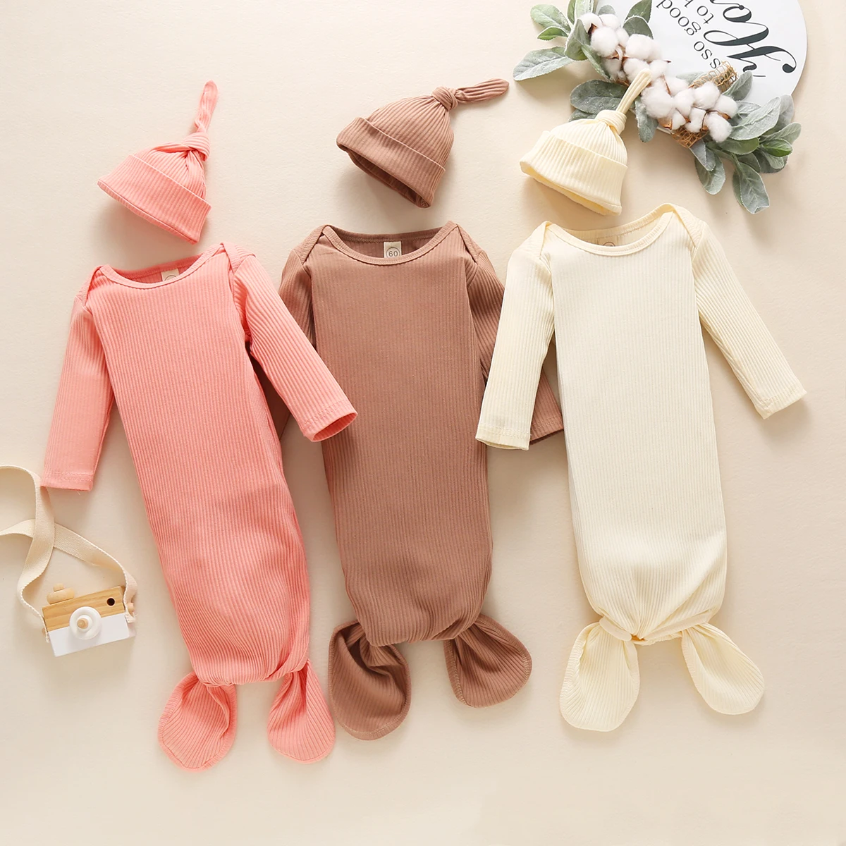 Newborn Infant 0-3M Baby Boy Girl Sleeping Bags+Hat 2pcs Autumn New Long Sleeve Solid Color Knited Sleepwear