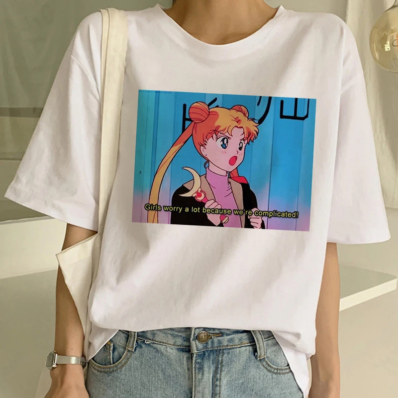 Sailor Moon/летняя новая модная футболка Женская Harajuku короткий рукав забавная футболка Ulzzang футболка с милым котом женские футболки с рисунком