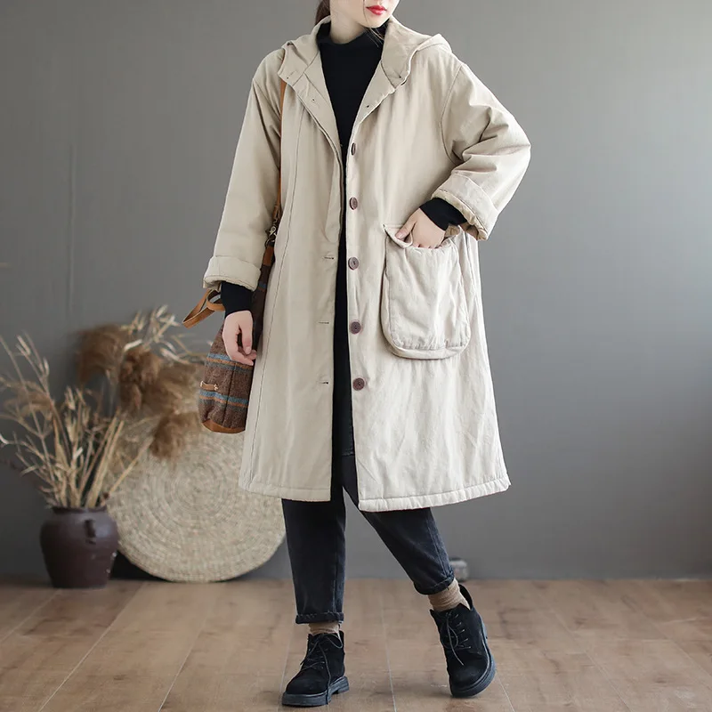 

Qi Juan Draw Solid Color Hooded Mid-length over-the-Knee Cotton Clothes Women's Winter Warm Thick Quilted Large Pocket Cotton-pa