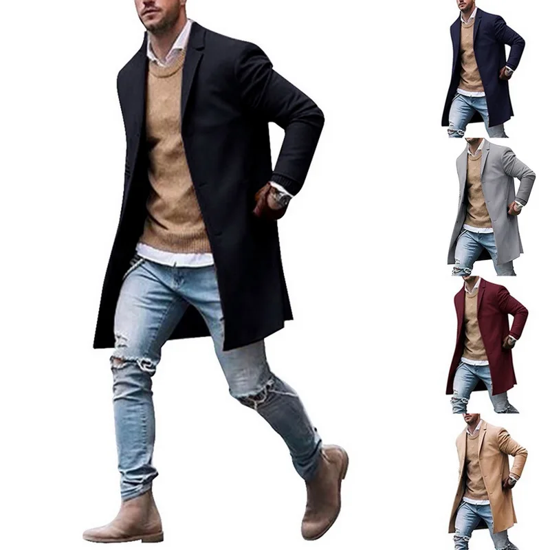 

Winter Woolen Coat Men Jacket Solid Business Casual Trench Male Slim Fashion Leisure Long Sections Woolen Jackets Streetwear