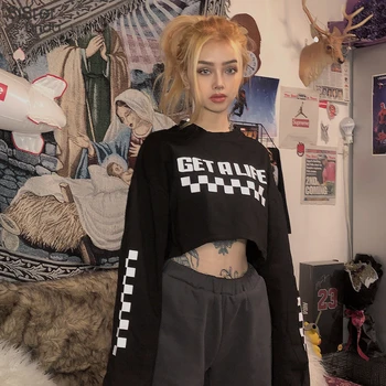 

Sisterlinda Cotton Loose Sweatshirt Women Tops Letter Print Elasticity Sweatshirts Long Sleeve O-neck Crop Tops Mujer Sweatshirt