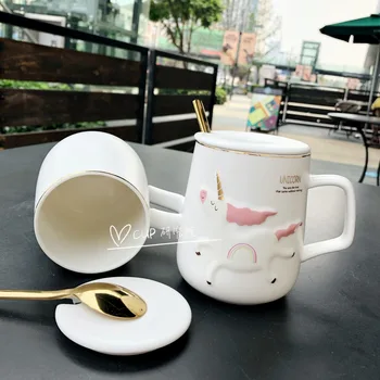 

Cute Cartoon Unicorn Ceramic Water Cup With Gold Spoon Hot Sale White Coffee Mugs Beautiful Girl's Gift Free Shipping