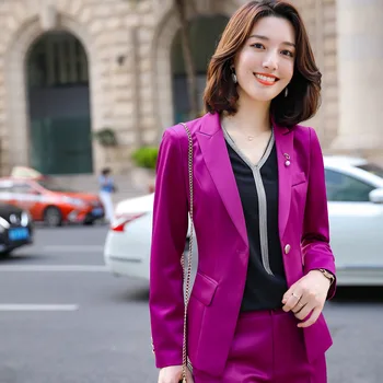 

Elegant Slim Business Wear Temperament Women Office Lady Purple Jacket Set Formal Blazer Pants Suit Feminino Women Plus Size