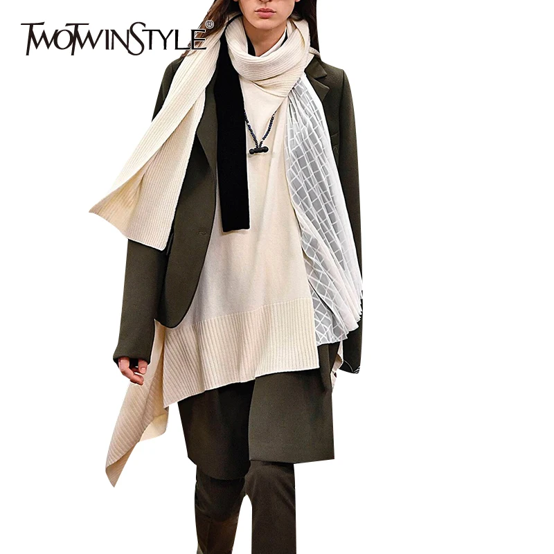 

TWOTWINSTYLE Asymmetrical Patchwork Women's Coats Scarf Collar Long Sleeve Pocket Irregular Hem Female Coat 2019 Autumn Fashion