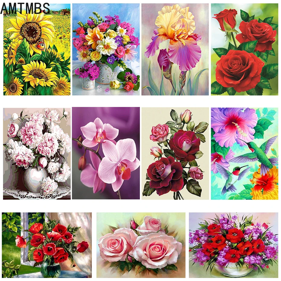 

AMTMBS FULL Mosaic Pattern Home Decoration Flower Plant DIY Digital Painting By Numbers Hand Painted Oil Painting Dropshipping