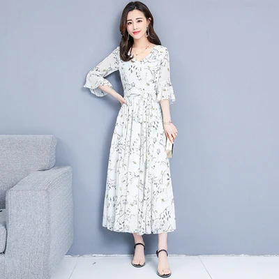 Белый Винтажный шифоновый Boho Макси Сарафан большого размера пляжный отдых миди летние платья элегантные женские облегающие вечерние платья - Цвет: Белый