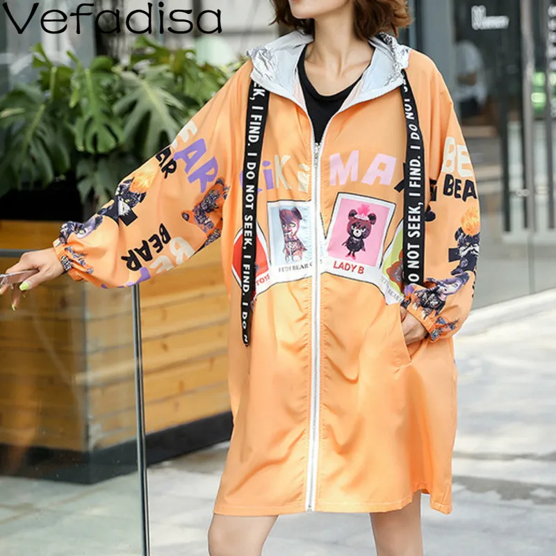 

Vefadisa Autumn Woman Cartoon Printed Loose Coat Long Full Sleeve Zipper Coat Hooded Collar Wide-waisted Casual Coat 2019 QYF200