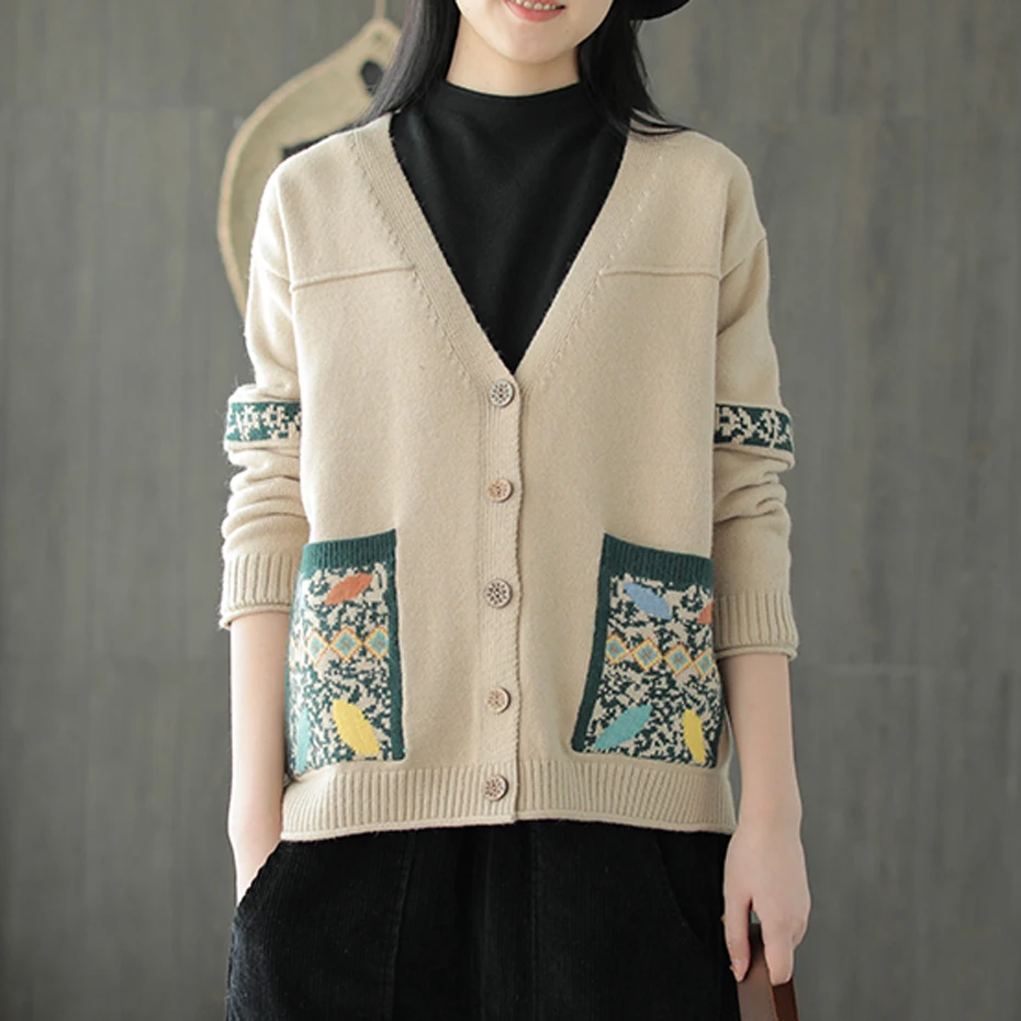 

Women Sweater Cardigan Knit Jacket Outwear Big Loose Print Floral Oversized Retro Fashion Casual for Autumn Spring AZ60232418