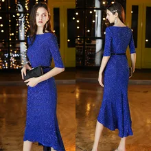 Skyyue, платье для выпускного вечера, королевское, синее, с блестками, длиной до середины икры, элегантное платье русалки, K151, Vestidos De Gala, половина рукава, круглый вырез, молния, платья для выпускного вечера