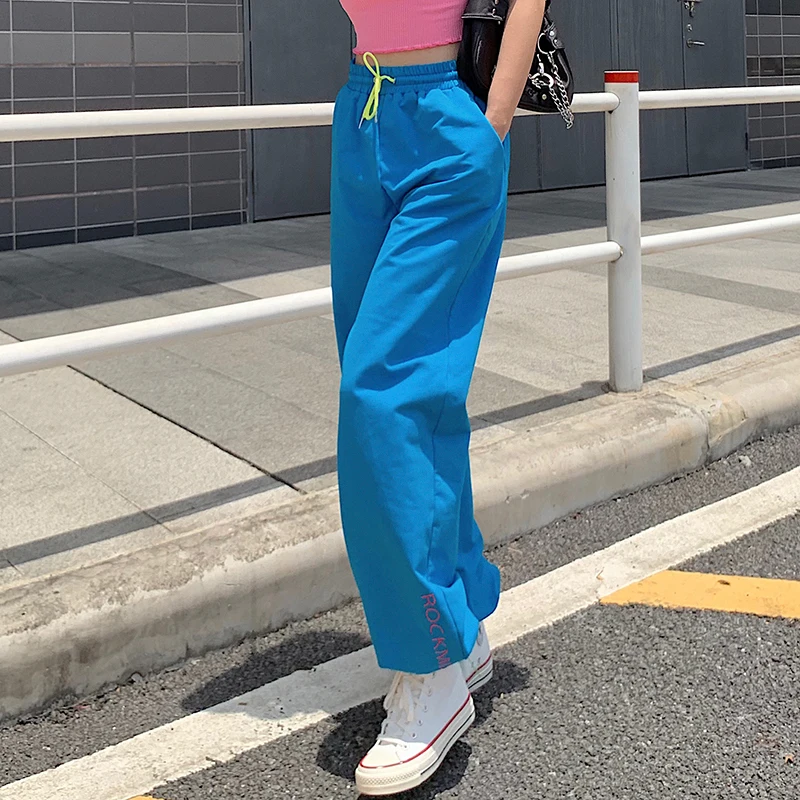 

Streetwear Drawstring Letter Embroidery Blue Sweatpants Joggers Women 2020 Autumn Harajuku Wide Trousers Casual y2k Pants Capris