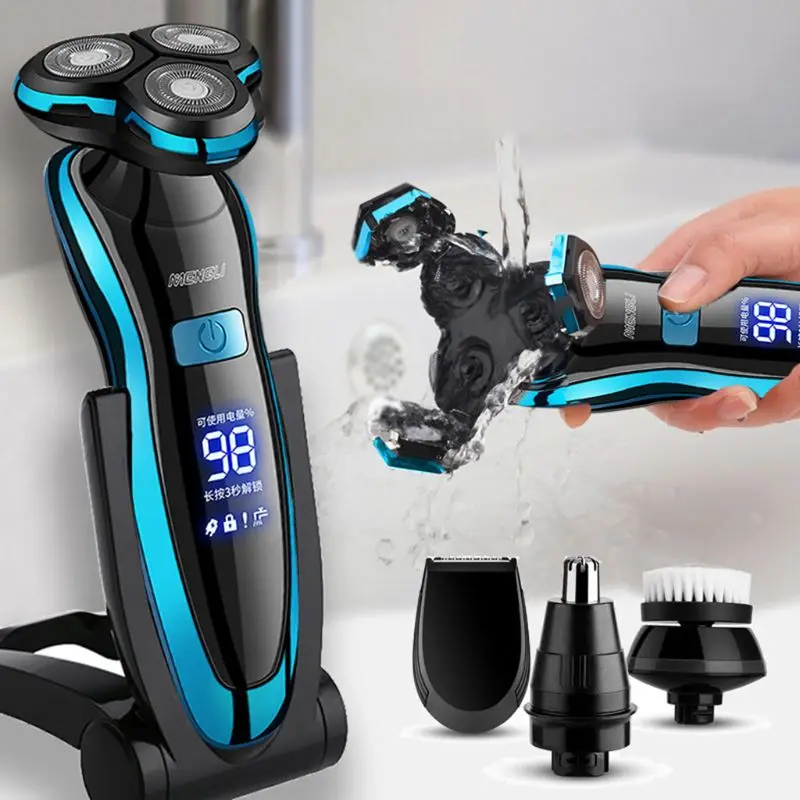 

Rechargeable Dry Wet Shaver Razor Digital LCD Display Floating Rotary Triple Blade Heads Beard Sideburns Ear Nose Hair Trimmer
