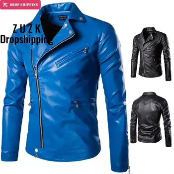 

Drop Shipping, punk style simple PU leather jackets men blue casual Oblique zipper locomotive leather jacket for men