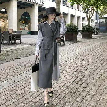 

2 Piece Set Women Stripe Shirt Dress Spring Clothes 2020 Fashion New French Retro Slim Temperament Blazer Dress Suit Outfit f291
