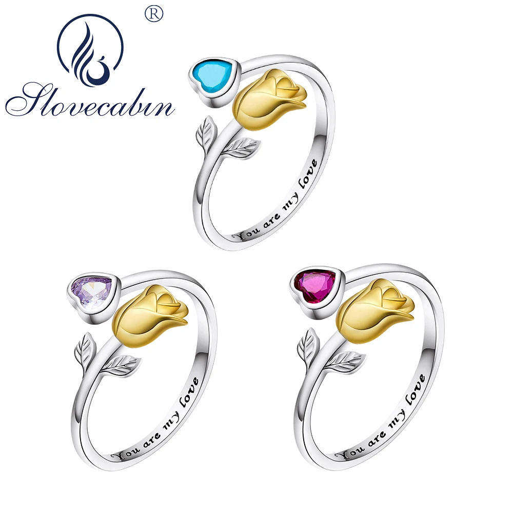 Slovecabin Romantic 925 Sterling Silver Rose Flower Heart Finger Ring Adjustable For Women Valentine's Day Gift Fine Jewelry |