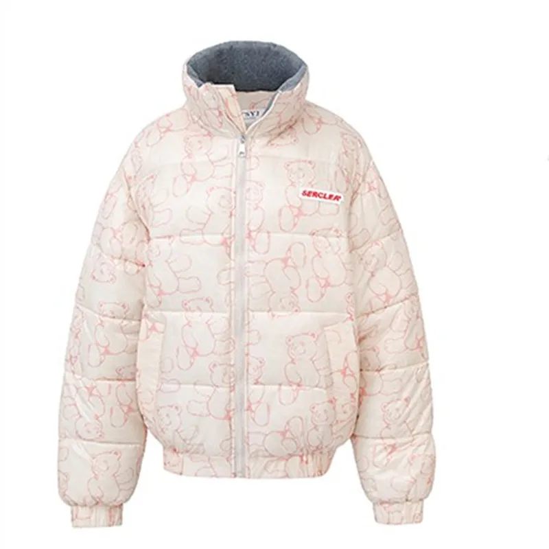

Women's Winter Down Jacket Bear Print Ladies Stand Collar Long Sleeve Cotton Coat Korean Loose Fashion Cartoon Thick Outwear