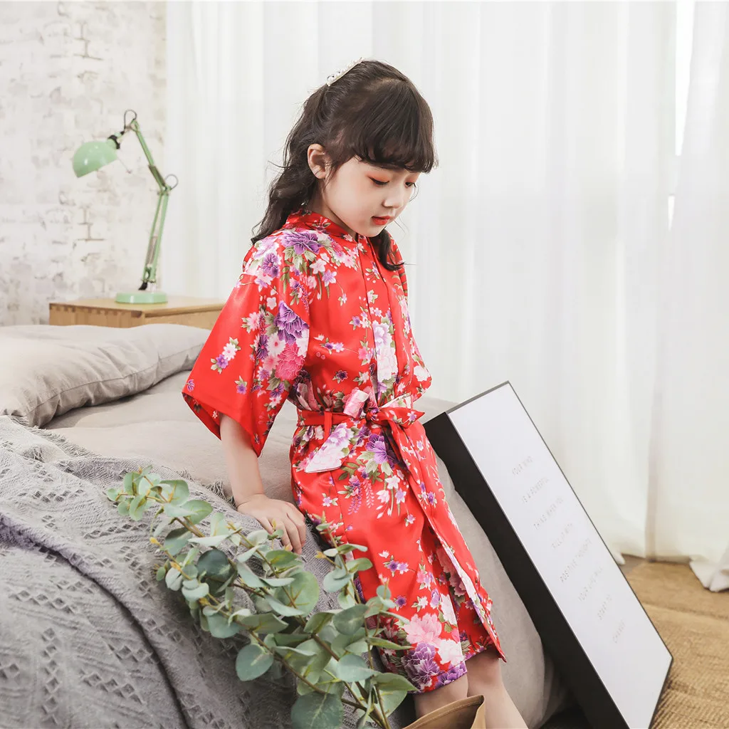 Floral Stain Bath Robe Kids Toddler Baby Kid Girls Floral Silk Kimono Robes Bathrobe Long Sleepwear Girls Clothes Халат Махровый