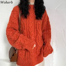 Woherb Pull Femme однотонные Цвет с длинными рукавами и круглым вырезом пуловер с косами Винтаж комбинезоны свободного кроя в Корейском стиле новые модные Sueter 90970