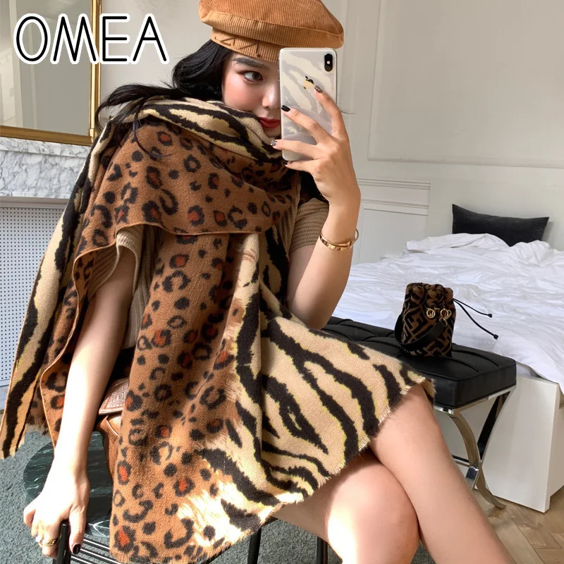 OMEA кашемировый плотный длинный шарф, коричневый Леопардовый женский зимний шарф-одеяло, пончо с принтом зебры, теплый мягкий шарф в стиле пэчворк