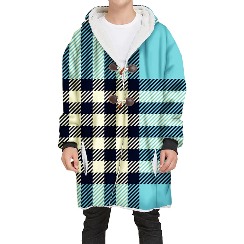 YOUTHUP New Winter Mens Long Velvet Hoodies 3D Different Plaid Printing Hooded Pullovers Thick Hoodies Streetwear