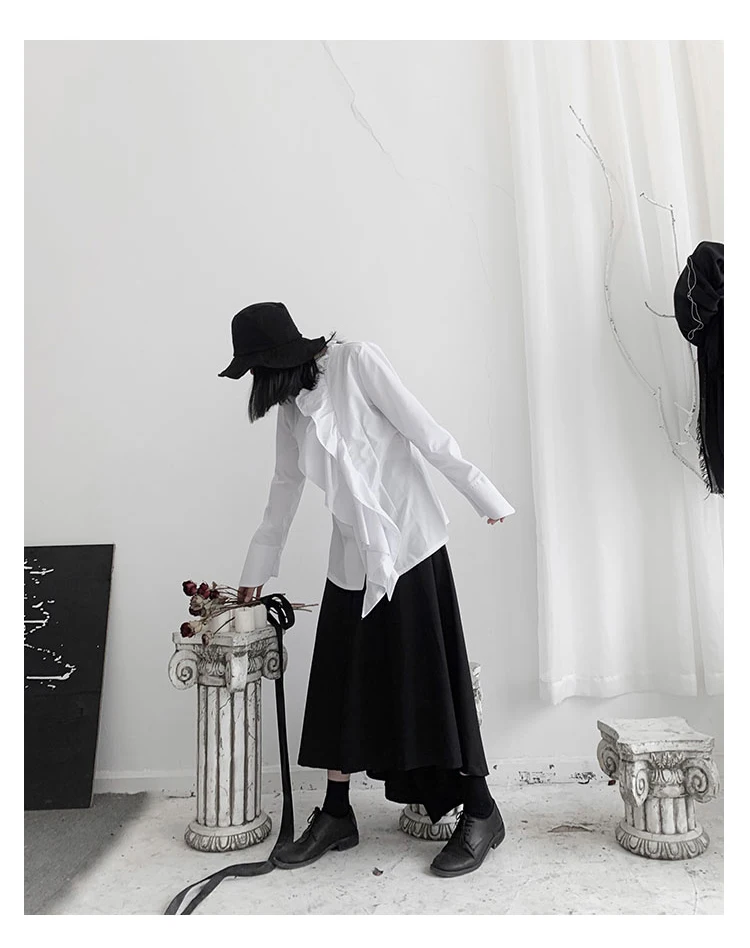 New Korean Style Women Long Sleeve Solid White Black Blouse Shirt Vertical Ruffles Ladies Stylish Casual Blouses 1207B-04