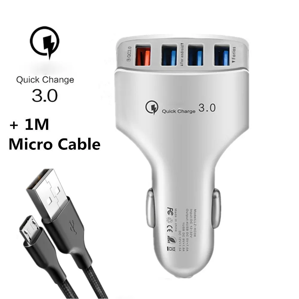 White Micro Cable 4 порта Переходник USB для зарядки в машине с кабелем Универсальный QC3.0 автомобильное зарядное устройство мобильный телефон автомобильное зарядное устройство для iPhone samsung Xiaomi huawei - Тип штекера: White Micro Cable