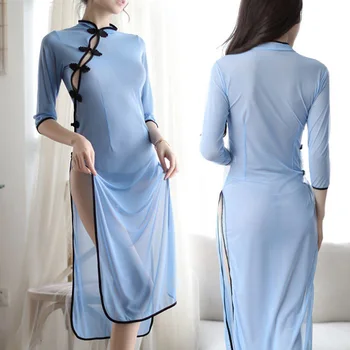 

Women Sexys Lingerie Perspective Side Fork Style Uniforms Cheongsam Nightgown IK88
