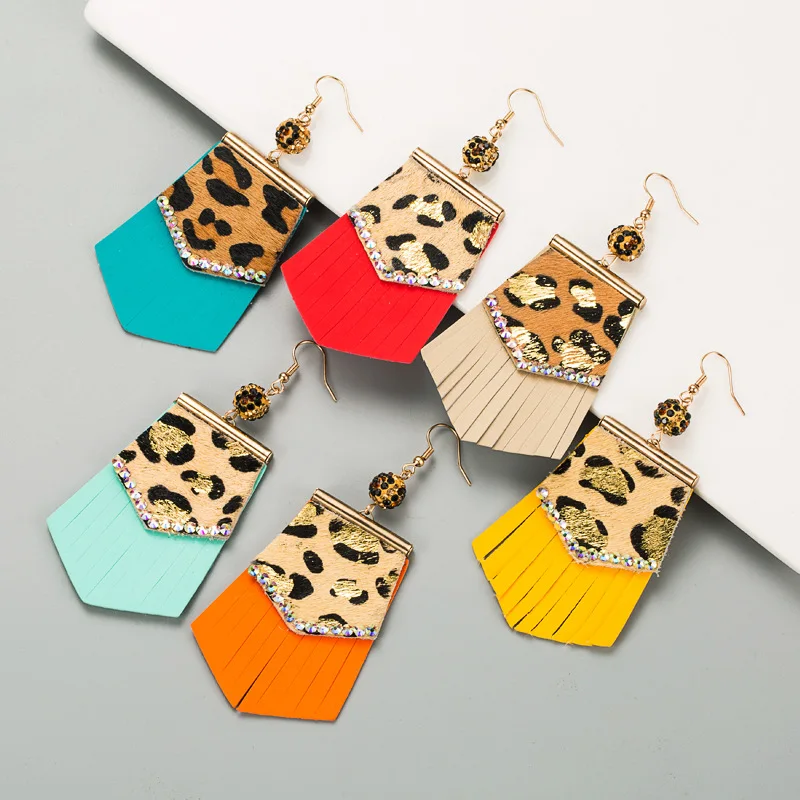 Crystal Gold Stamping Leopard Print Colorful Leather Tassels Dangle Earrings