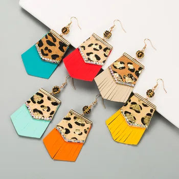 Crystal Gold Stamping Leopard Print Colorful Leather Tassels Dangle Earrings