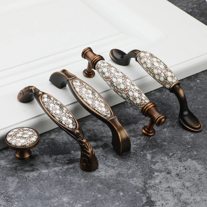 

96mm 128mm Rustic Kitchen Handles and Knobs Antique Bronze Ceramic Flower Door Handles Pulls Cabinet Pulls Dresser Knob Hardware