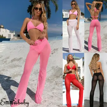 

2020 See Through Flared Mesh Summer Beach Long Pants New Women High Waist Pants Trousers