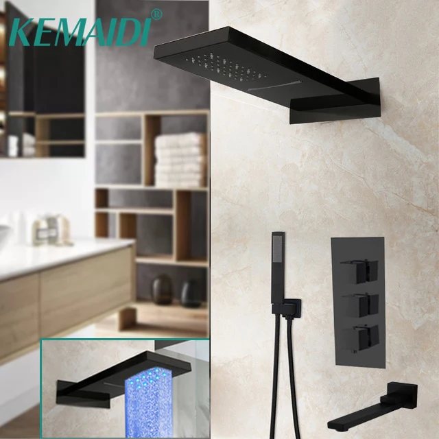 

KEMAIDI LED Thermostatic Mixer Bath Shower Mixer Tap 3& 4 ways Shower Faucet Wall Mounted Matte Black Rain Waterfall Shower Set