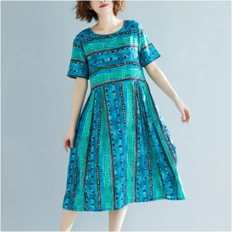 

Photo Shoot 2019 Summer New Style Large Size Dress Literature And Art Stripes Printed Short-sleeve Dress