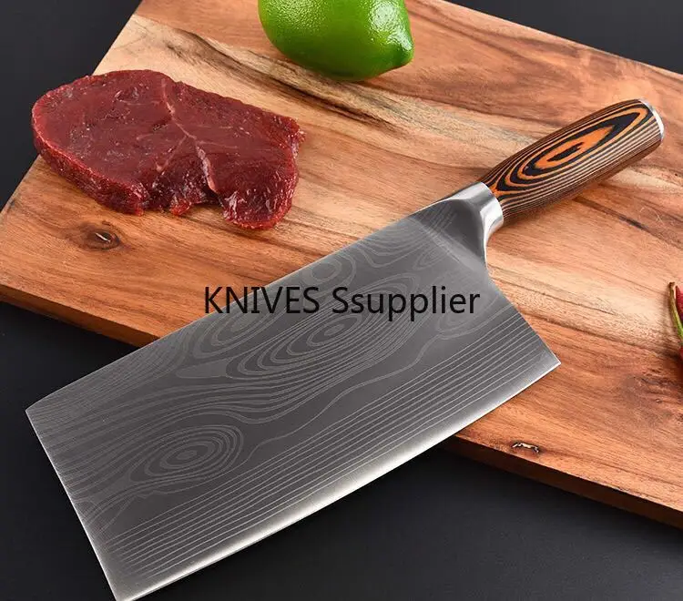 

Kitchen Knife Stainless Steel Chopper - 7CR17 Meat Cleaver Chef Knives Damascus Drawing