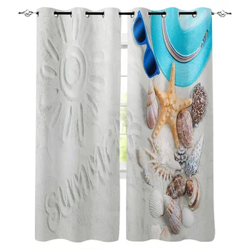 

Multi-size Summer Seaside Beach Shells Starfish Hat Sunglasses Window Curtains Polyester Fabric Living Room Curtain Home Decor
