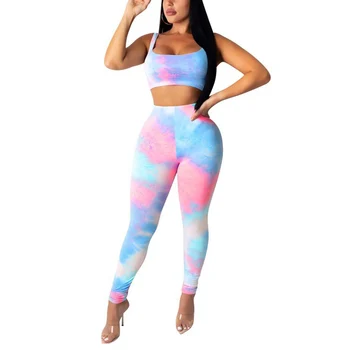 

Women's Tie-dye Printed Crop Top Elastic Waist Pants Suit Fashion Sleeveless Outfits Ladies Pullover Sweatsuits Clothing Set