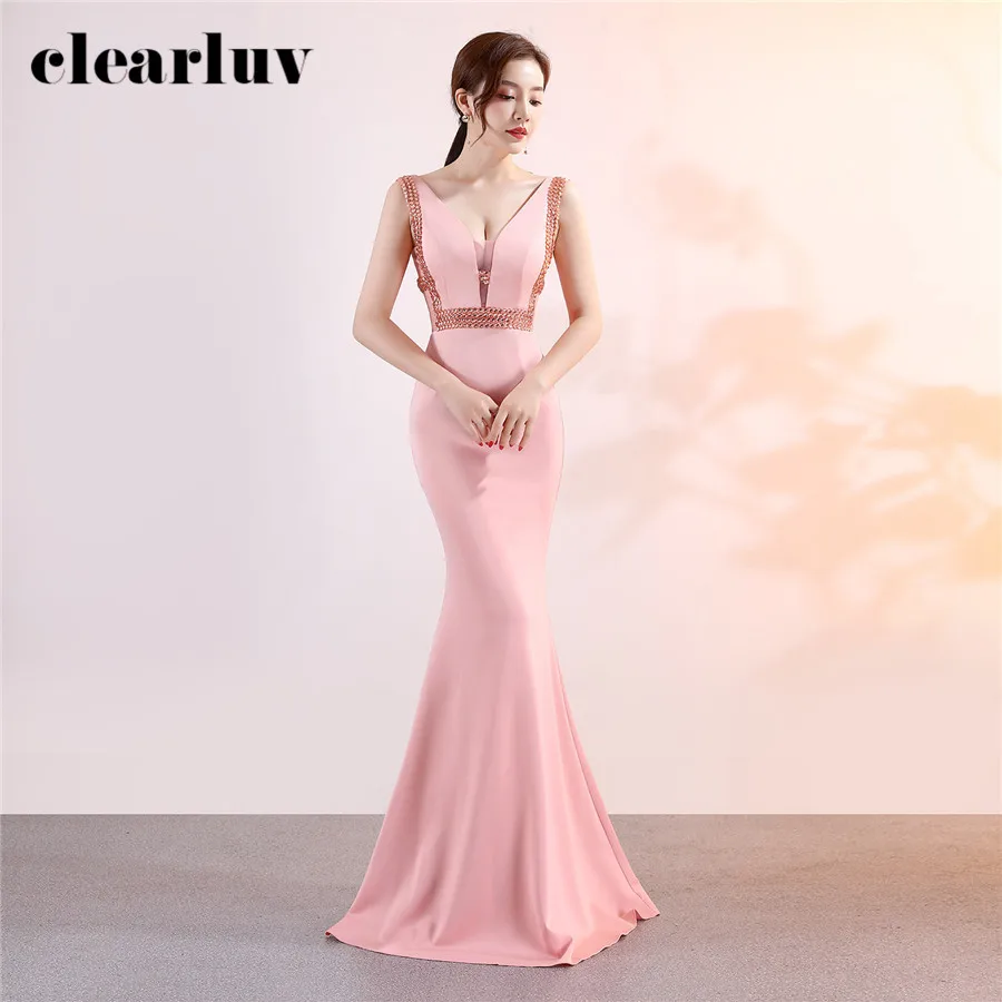 

2020 Long Party Dress Pink Sexy Slim Evening Dress Crystal Simple Plus Size Mermaid Dress DX375-2 New Elegant Formal Prom Gown