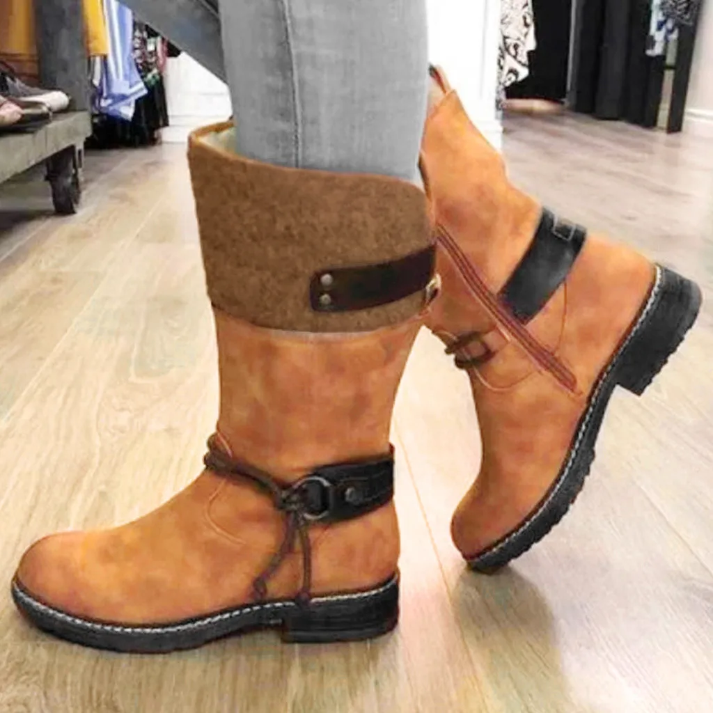 Женская обувь botas mujer модные ботинки Для женщин Женская обувь Для женщин для отдыха с пряжкой большой Размеры на литом среднем квадратный каблук, женская обувь