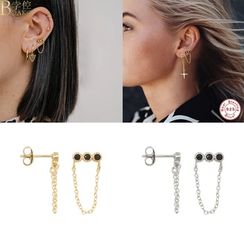 

BOAKO 2pcs Gothic Punk Hyperbole Chain Earring real 925 Sterling Silver European Stud Earrings Link Chains for Women/Girl Gift