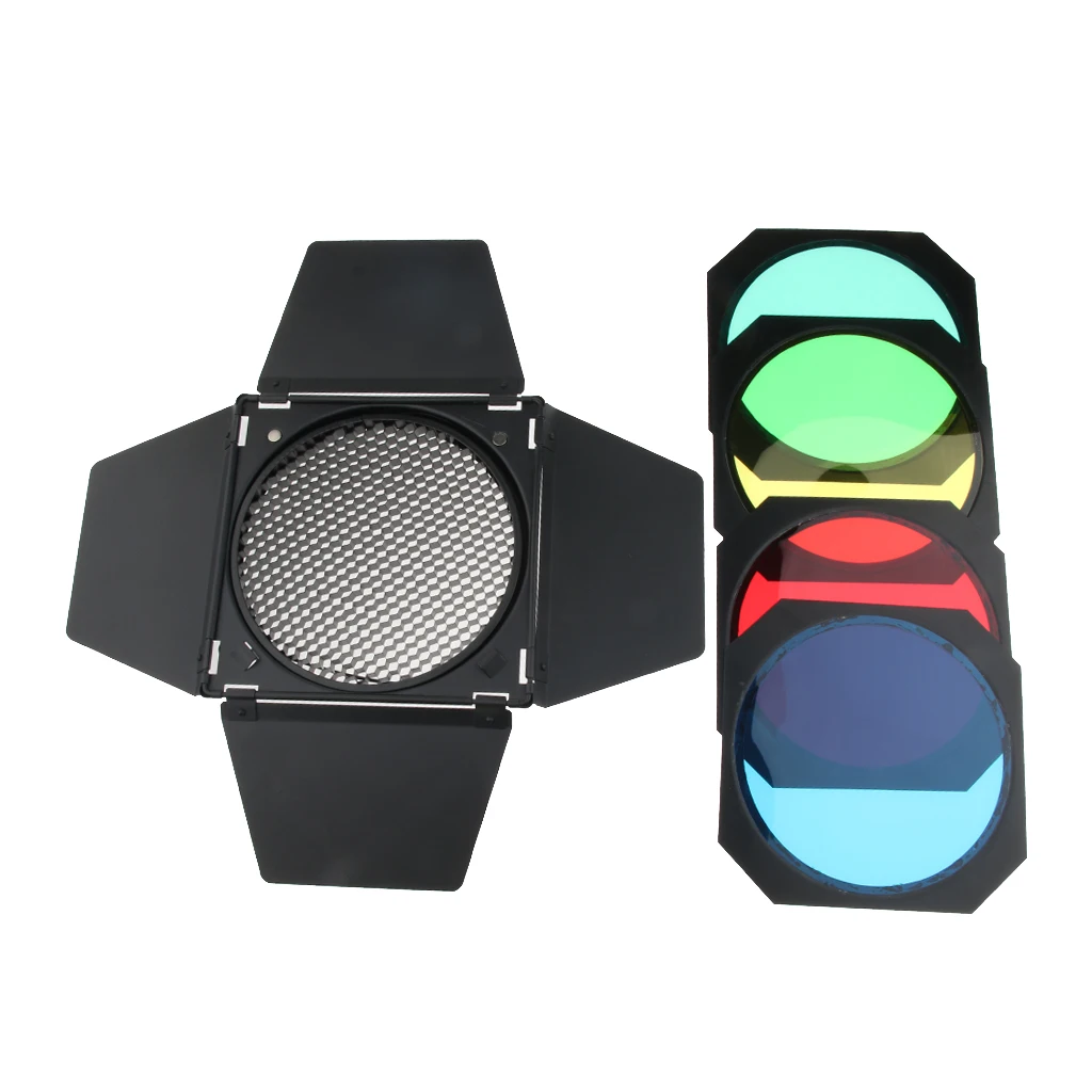 Barn Door Honeycomb Grid with 4 Color Gels Filter for 18cm / 7 inch Standard Reflector