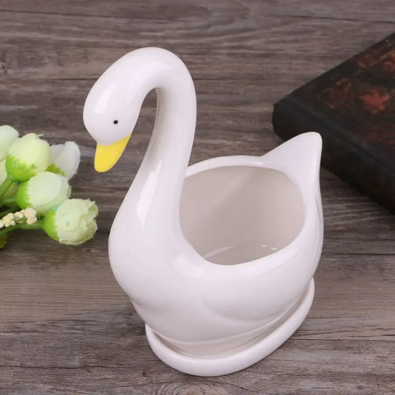 

White Swan Ceramic Flower Pot Succulent Plant Flowerpot Planter Desktop Home Office DIY Decor
