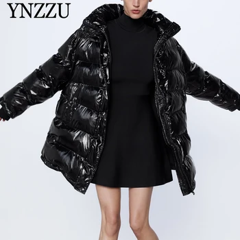 

Women Black gloss Warm jacket Winnter High collar Oversized Female Parkas Long sleeve Thick coat Casual Fashion New YNZZU 9O146