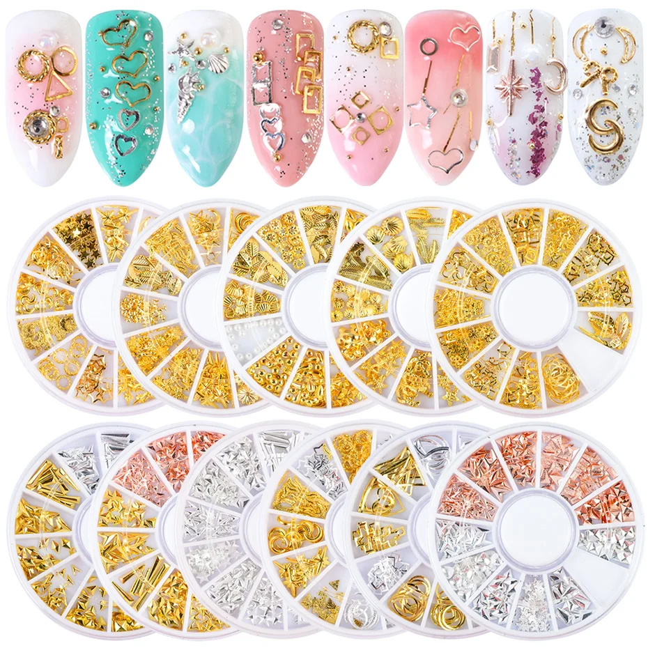 1 Wheel Gold Silver Hollow Nail Decorations Jewelry Mixed Design Metal Rivets Irregular Studs Strass Manicure Accessories 1