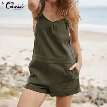 

Celmia Vintage Cotton Women Short Jumpsuits 2020 Summer Sexy Straps Backless Rompers Casual Loose Buttons Plus Size Overalls 5XL