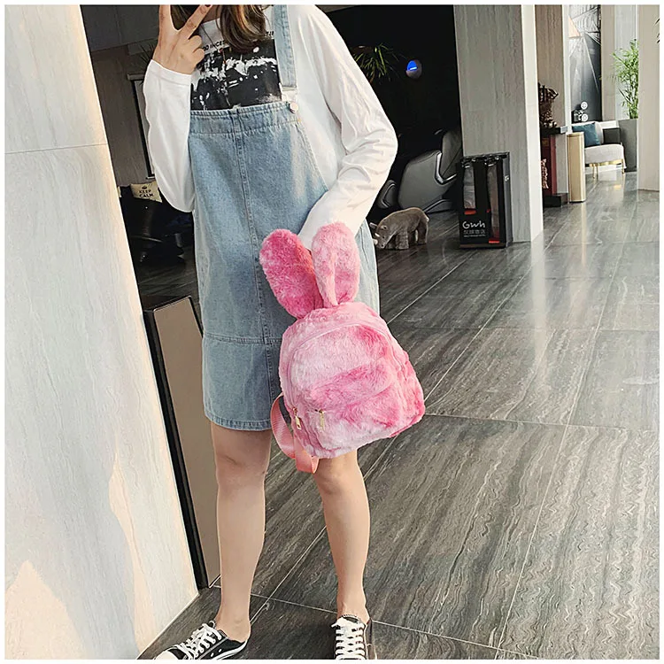 Autumn Bunny Plush Backpack Cute Pink Warm Rabbit Long Ears Shoulder Tiny Backpack with Zipper for Girls School Celebration