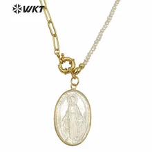 WT-JN128 WKT einzigartige erstaunliche chic design frauen hand machen geschnitzten religiöse christian Mary jesus anhänger 18 reales gold shell halskette