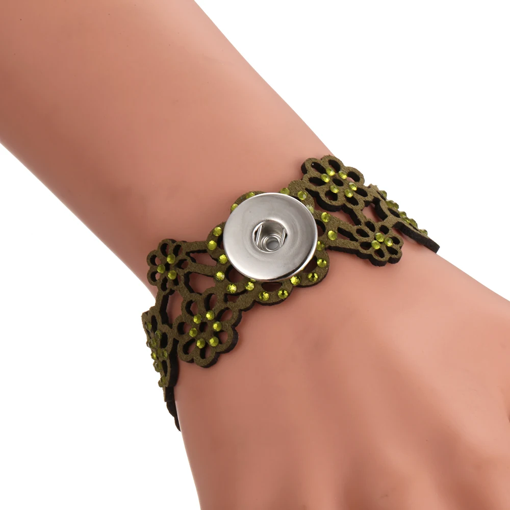 Новинка, кожаные браслеты с цветами, кнопка оснастки, ювелирное изделие, подходит для 18 мм, металлическая кнопка оснастки, богемный Хрустальный кожаный браслет с защелкой