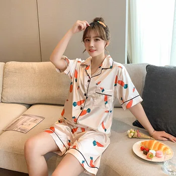 

Women's 2 Pieces Pajamas Sets Emulation Silk Print Pyjama Women Sleepwear Sets Spring Summer Homewear